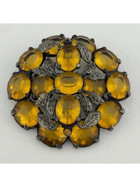 Vintage Czech Glass Brooch Art Nouveau Large Jeweled Openback Yellow